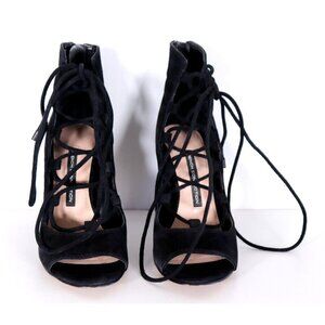 French Connection Women Size 6.5 Black Nari Pumos Lace-Up Zipper Suede Heels NEW